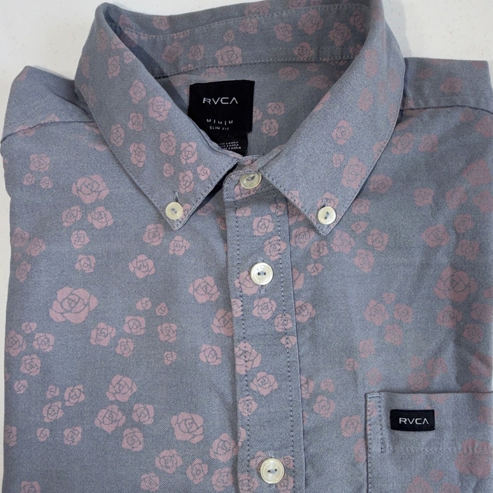 RVCA Mens Slim Fit Floral Short Sleeve Button Down Shirt Blue Pink M508TRT M